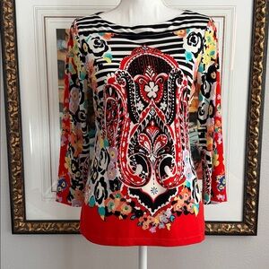 Colorful Floral and Striped Long Sleeve Top